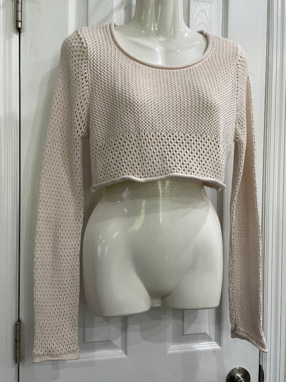 Boho Crochet Crop Sweater Womens Small Cream Long Sleeve Knit Beach Festival